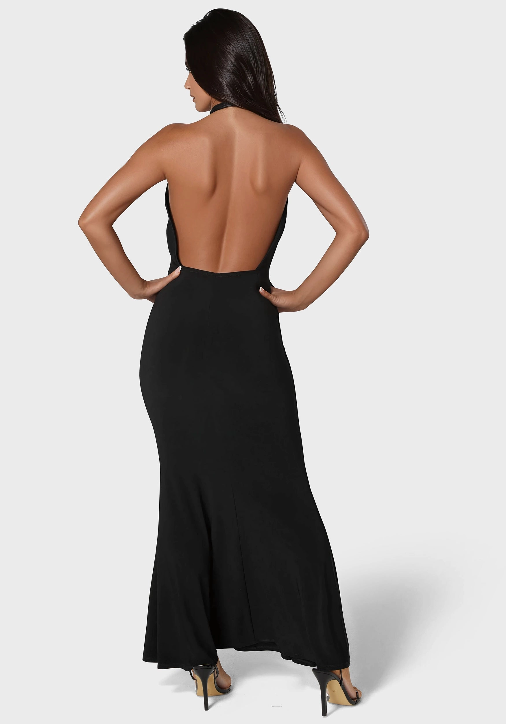 Cozy Cut Plunge Neck Halter Floor Length Dress
