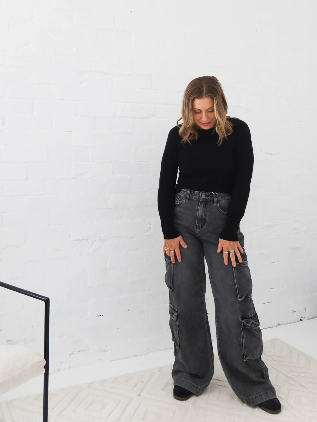 Unfaded Hemline High Durability Paxton Cargo Jeans- Black