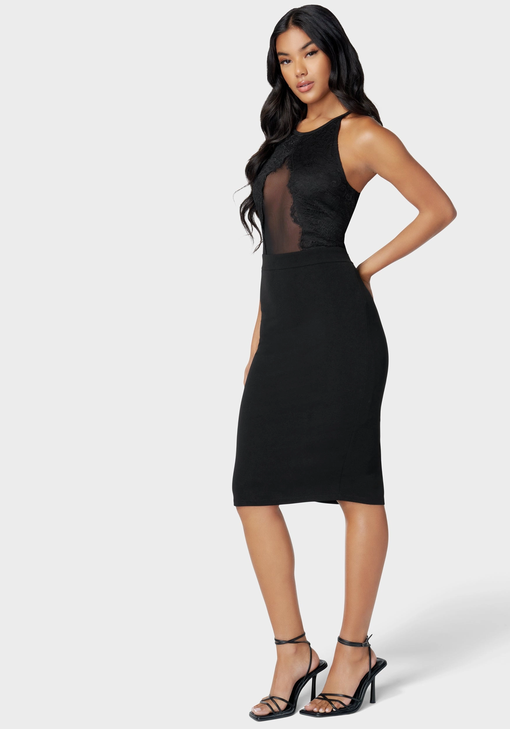 Peekaboo Lace Knit Pencil Dress Comfy Flex