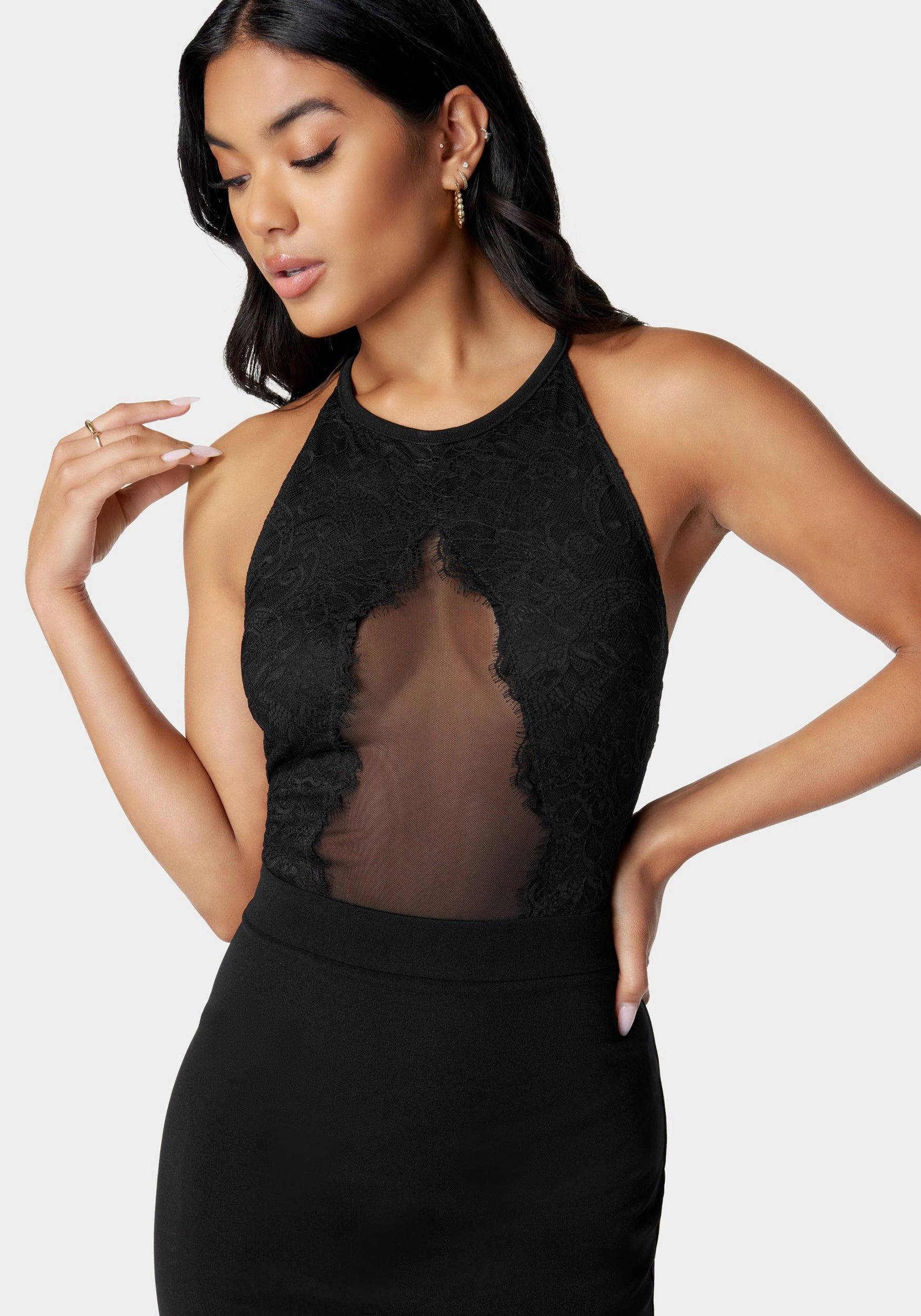 Regular-fit Style Option Peekaboo Lace Knit Pencil Dress