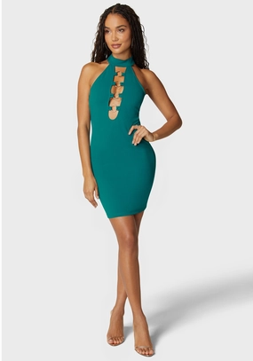 Ring Detail Plunge Neck Mini Dress Perfect Fit Wear Printed-Lining