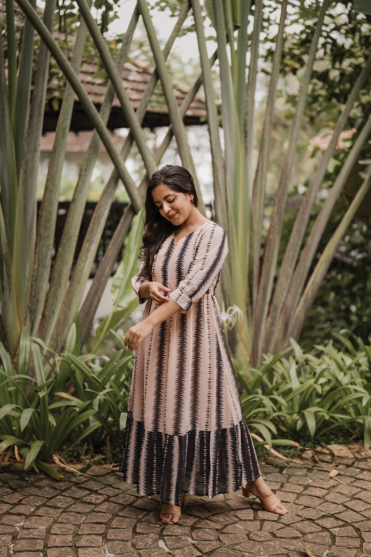 Fall Beige with Timeless Rhythm Printed Maternity and Feeding Lux Georgette Dress Refined Stitch