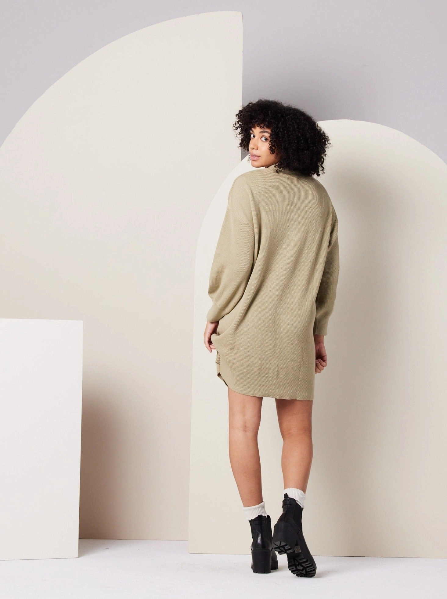 Griffin Sweater Dress - Khaki Green Golden Scene Snap-Closure