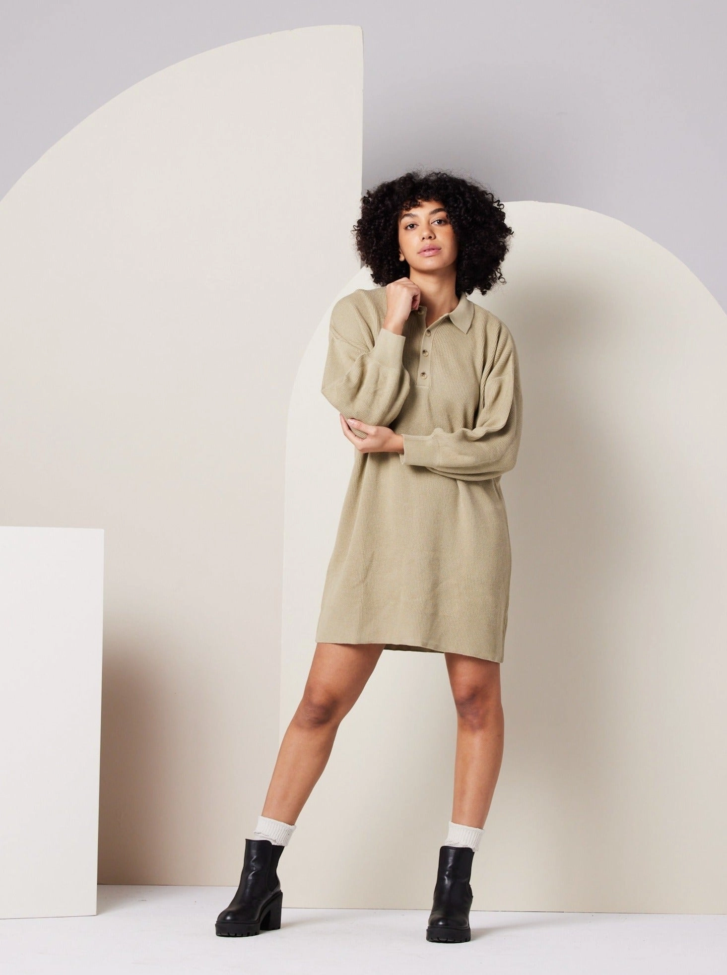 Griffin Sweater Dress - Khaki Green Flattering Look