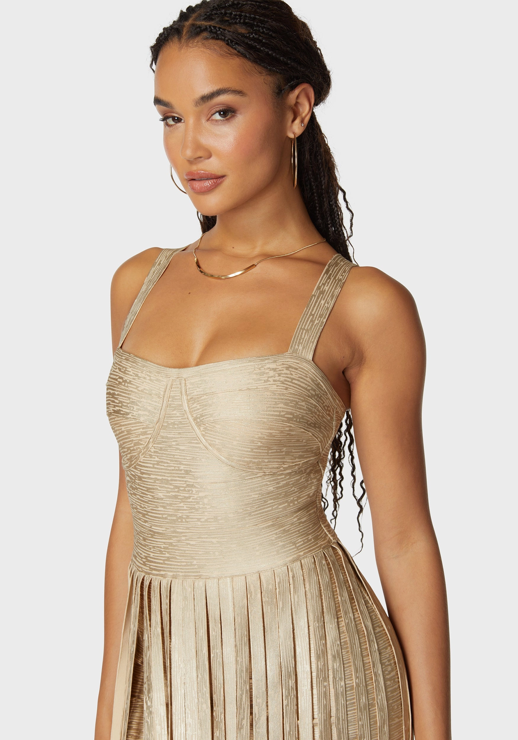 photo look Sweetheart Bandage Top With Fringe Maxi Skirt Dress