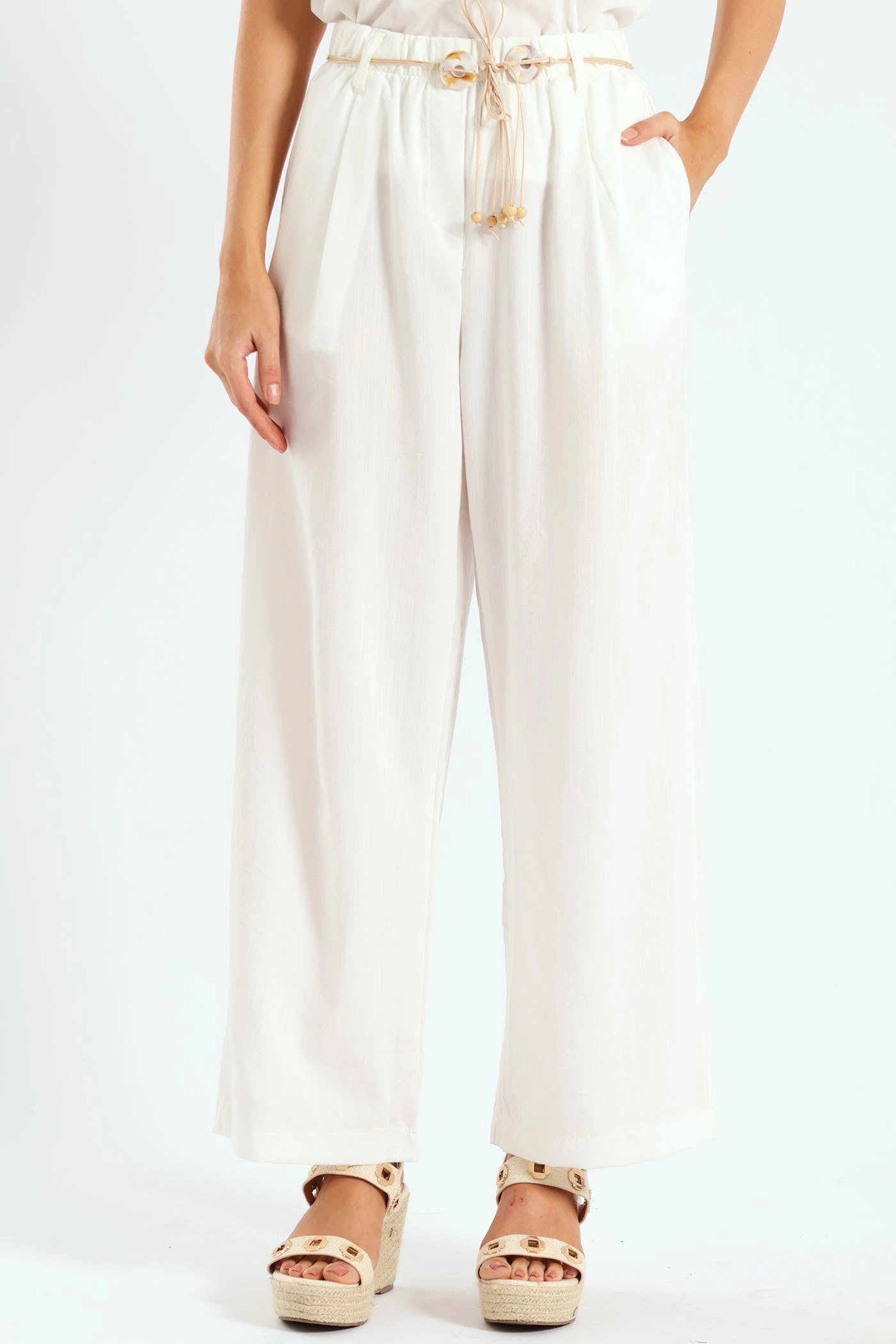 Elasticized Cuffs Packable design Braided Belt Pull-On Wideleg Pants - Off White