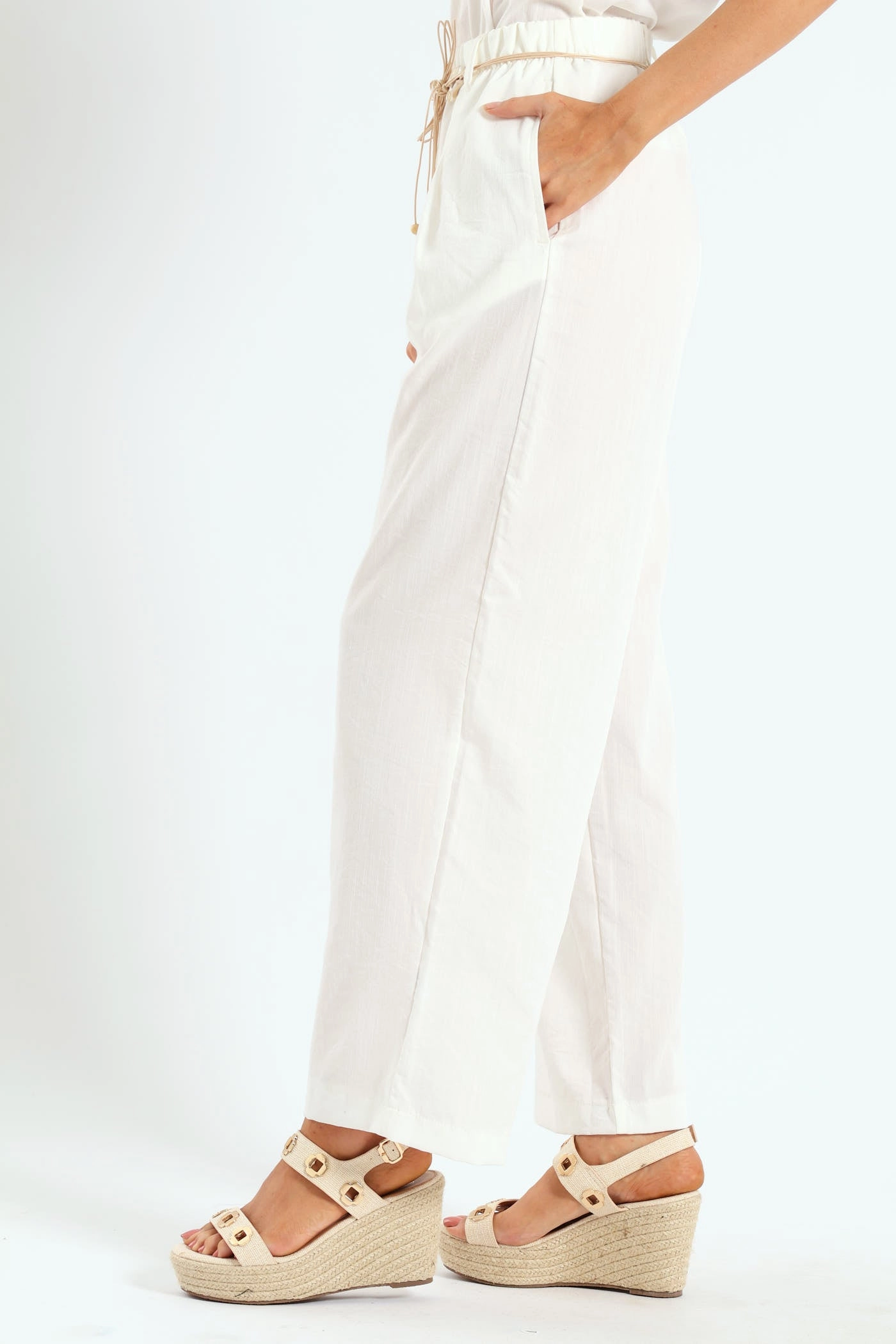 Breathable wear Braided Belt Pull-On Wideleg Pants - Off White