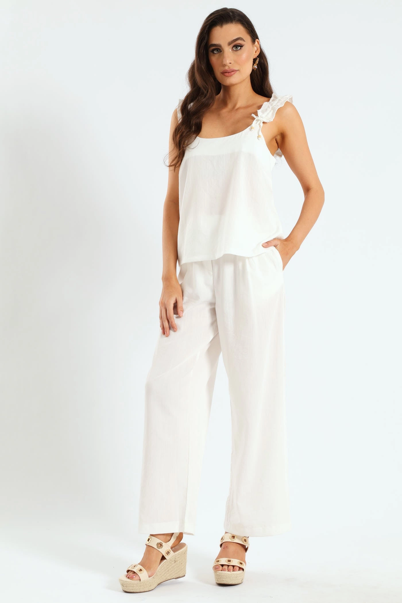 Braided Belt Pull-On Wideleg Pants - Off White FlexFoamPadding