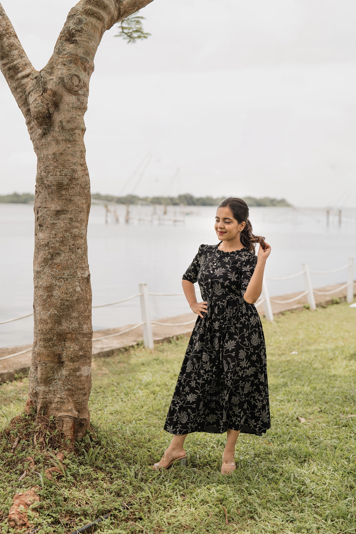 Regal Black with Molten Vines floral Printed Maternity and Feeding Viscose Dress Occasion Wear Layered Comfort Wear