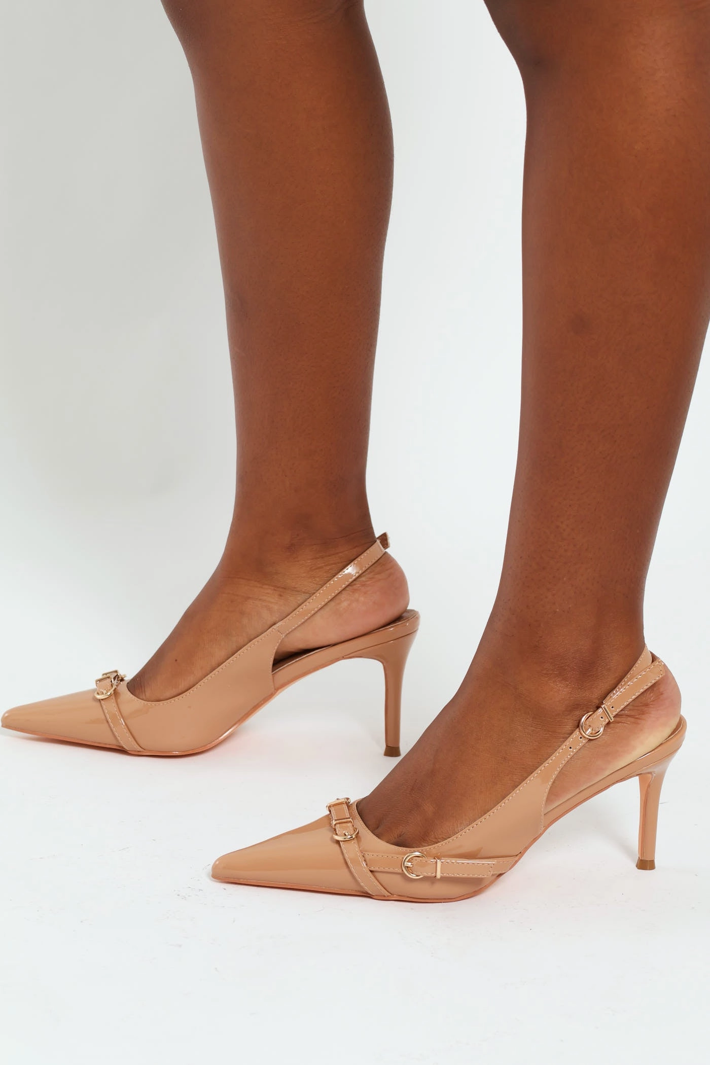 Mid Top Glow Up Pointed Toe Buckle Slingback Stiletto Heel - Nude