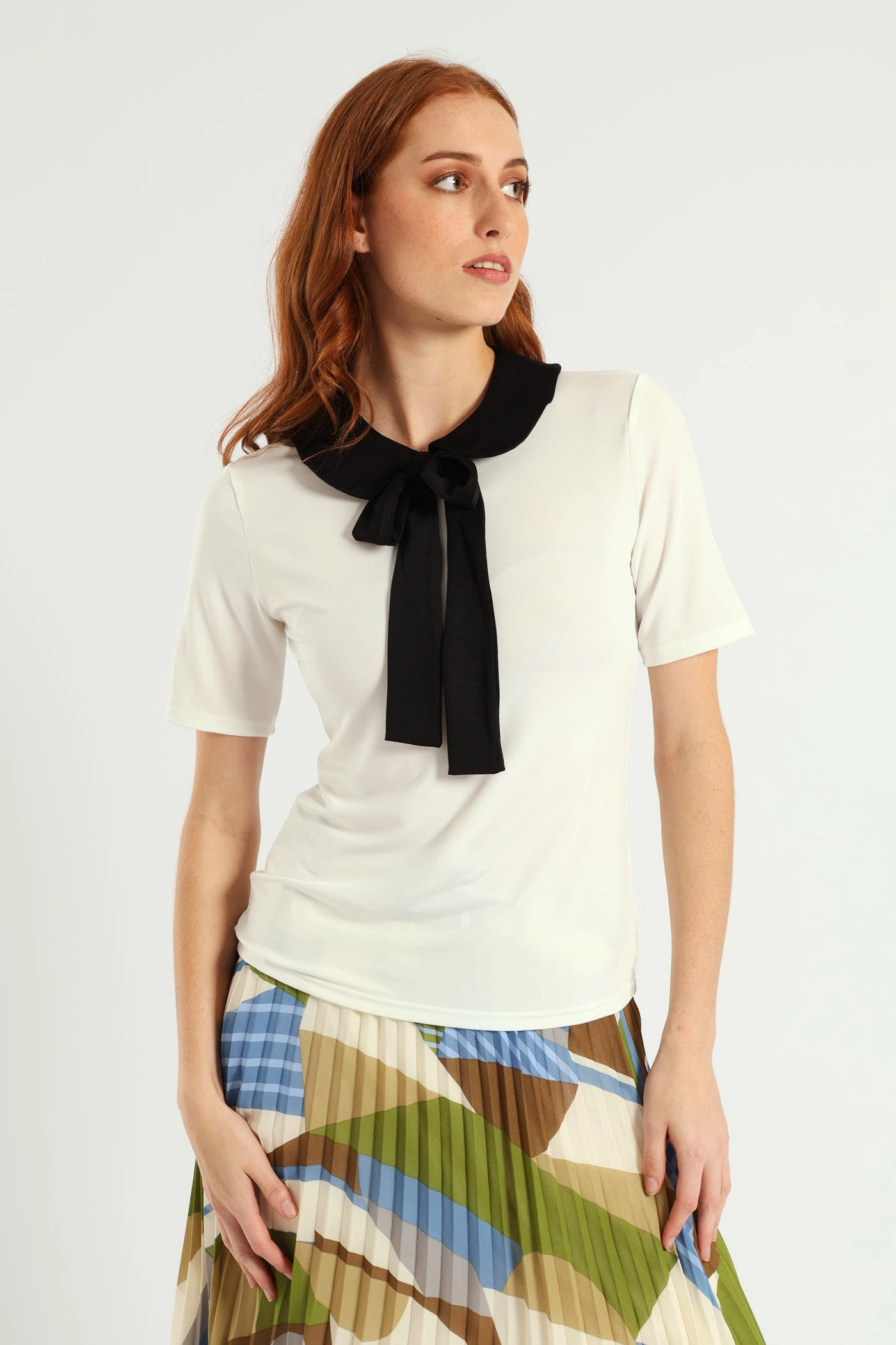 Peter Pan Tie Up Blouse - Cream/Black ButtonDownCollar FlexFit Technology
