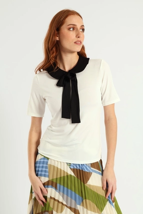 Peter Pan Tie Up Blouse - Cream/Black Office Look BrushedInnerSurface