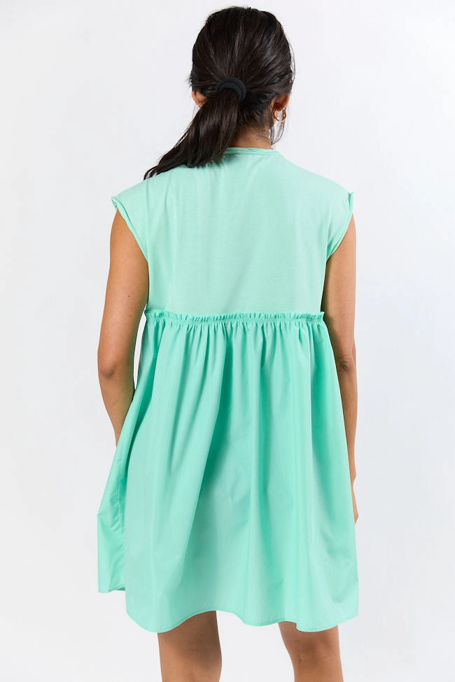 Matte Look Travel Style All The Buzz Mint Knit and Woven Mix Dress FINAL SALE