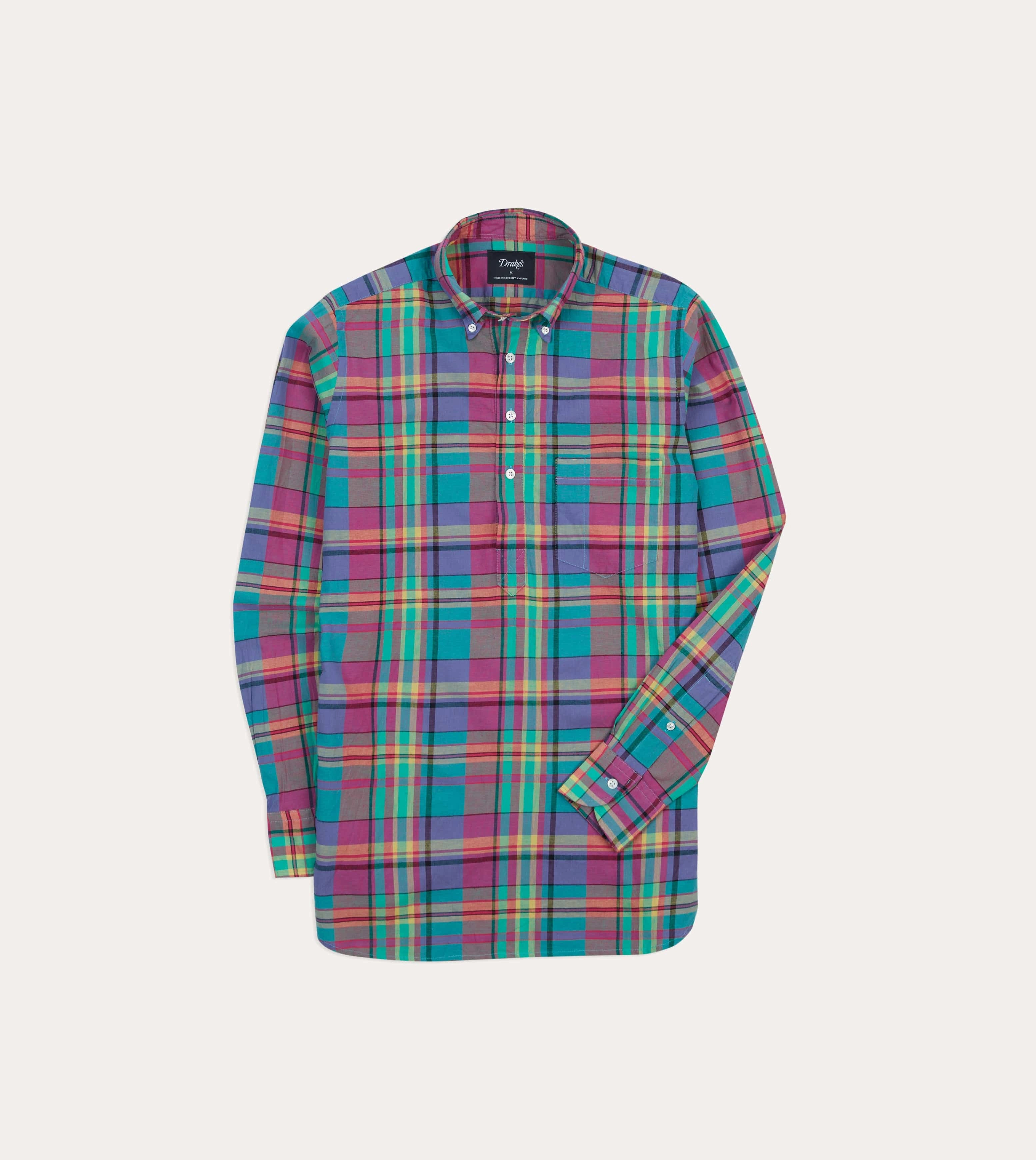 Pink and Blue Madras Check Cotton Button-Down Popover Shirt Moisture Management Tech Split hem