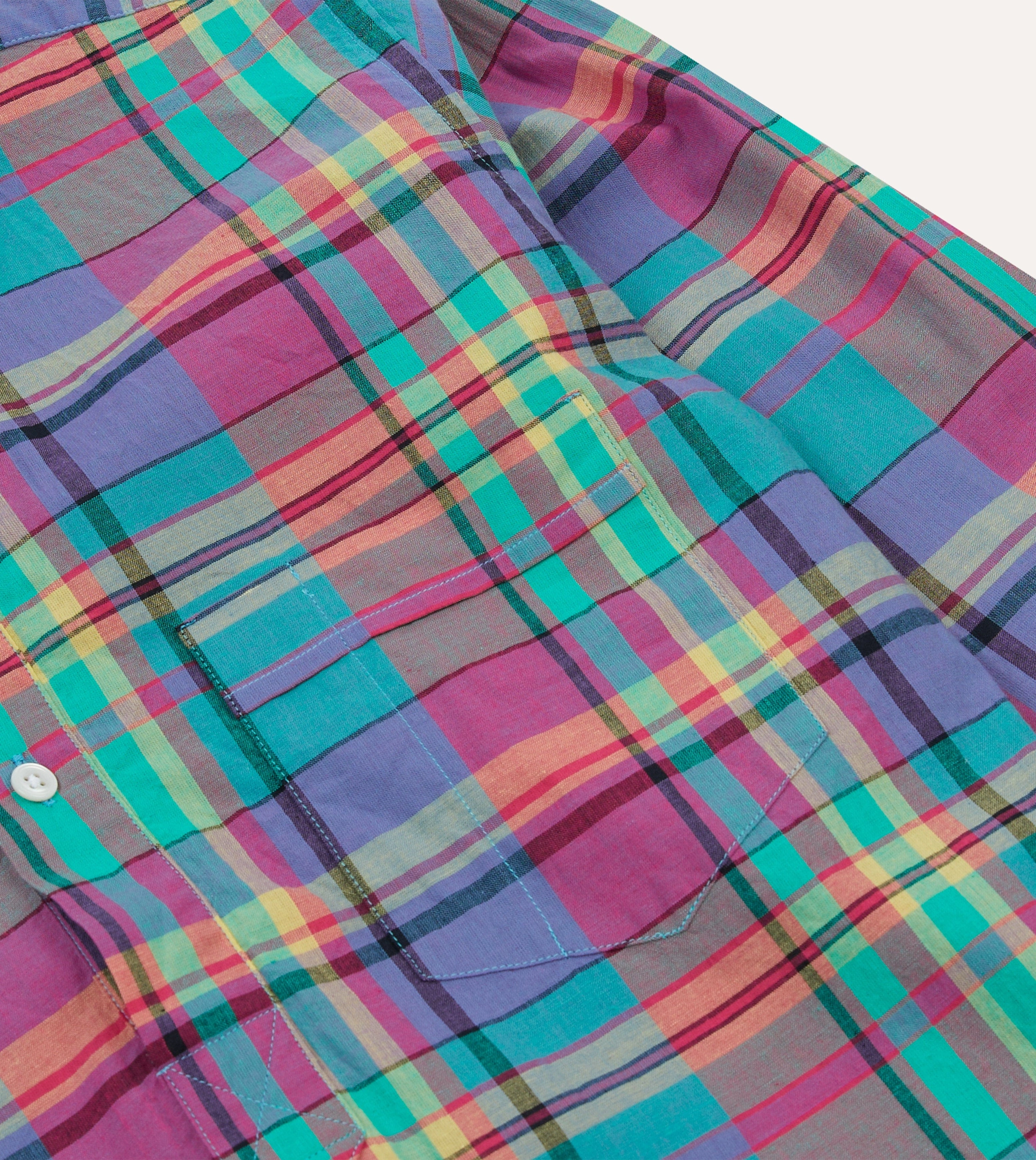 Travel Essential Pink and Blue Madras Check Cotton Button-Down Popover Shirt