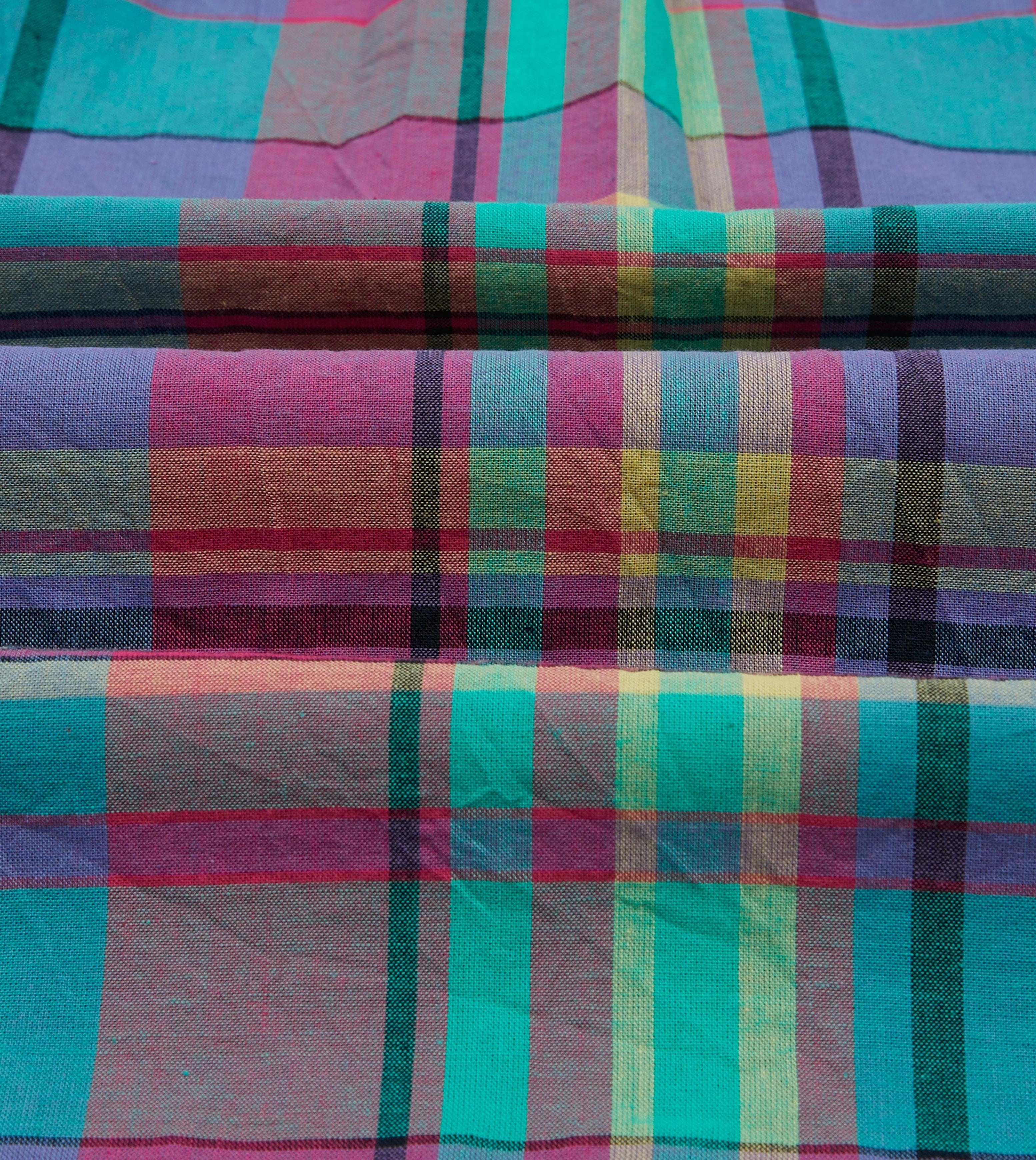 Layered Sleeve Cuffs Pink and Blue Madras Check Cotton Button-Down Popover Shirt