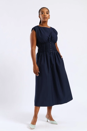 Pintuck Waist Boat Neck Fit & Flare Midaxi Dresses - Navy Flower Grace