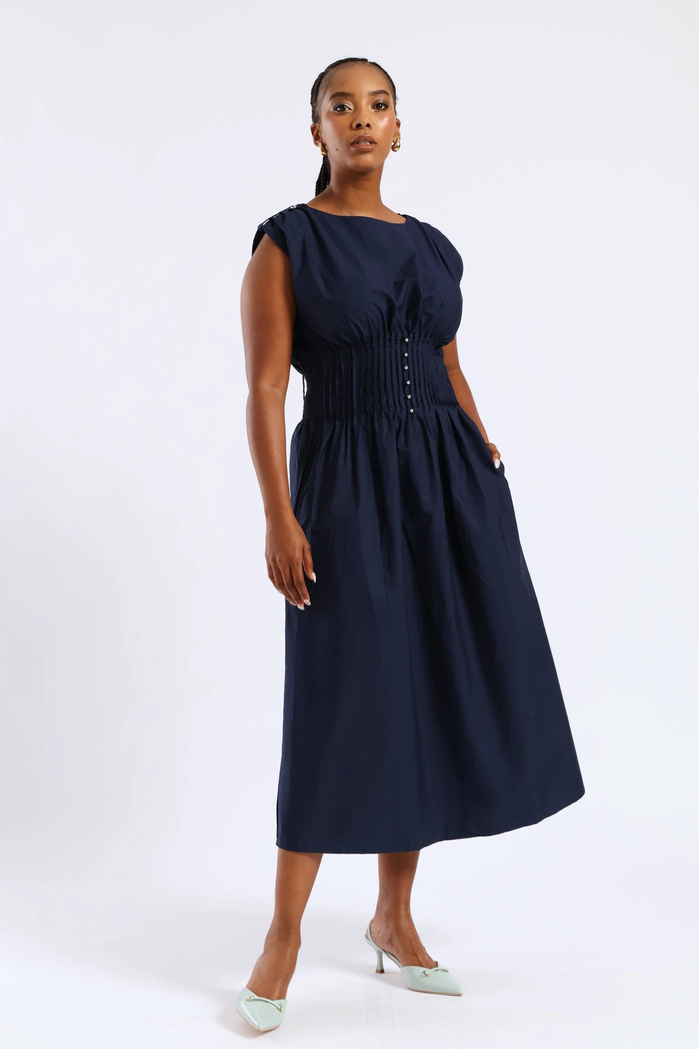 Pintuck Waist Boat Neck Fit & Flare Midaxi Dresses - Navy Flower Grace