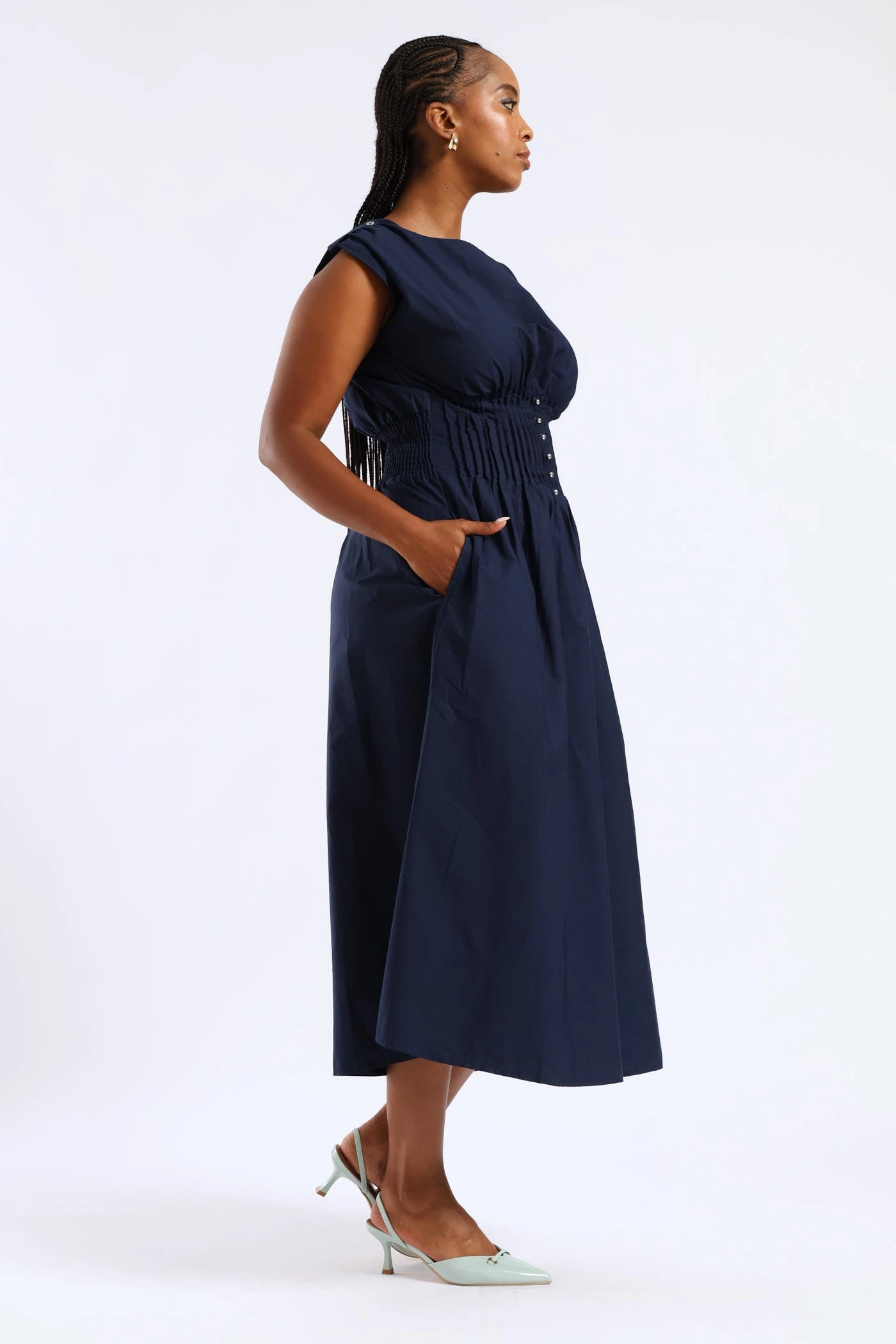 Pintuck Waist Boat Neck Fit & Flare Midaxi Dresses - Navy Versatile Layer