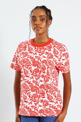 Timeless Cut Plain Rib Neck Boxy Abstract Leaf Print Tee - Vermilion