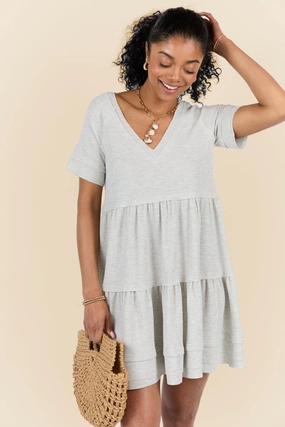 Planning Ahead Heather Grey Short Sleeve Waffle V-neck Dress FINAL SALE Timeless Comfort Wear Flowing Texture