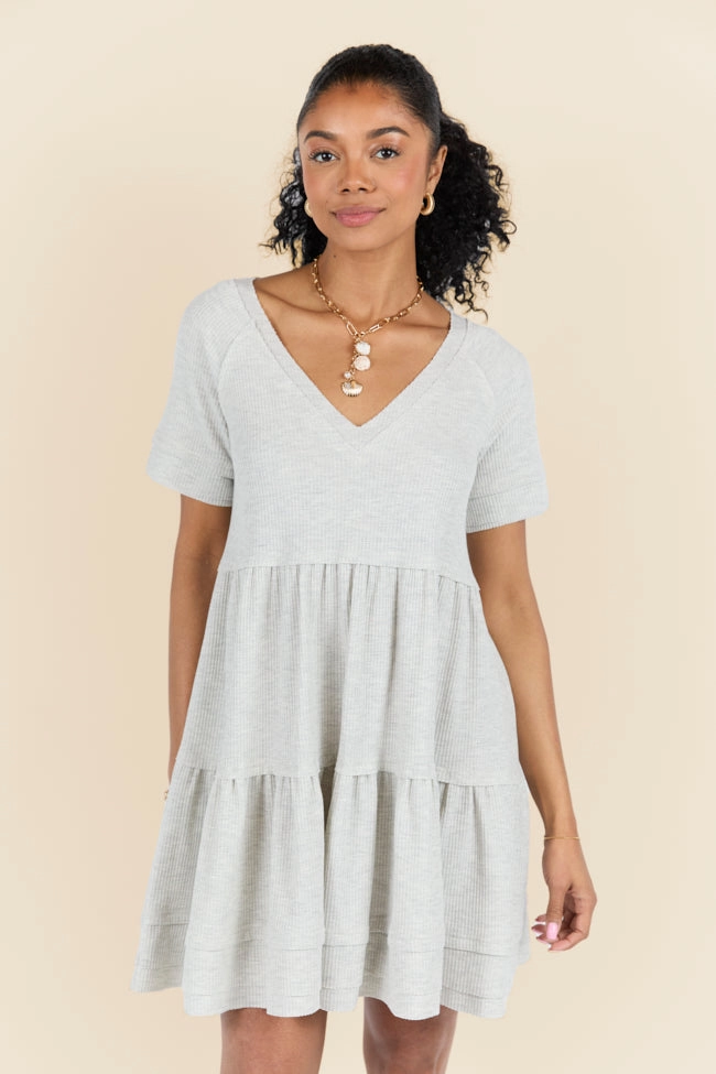 Tonal-Panel All-season Planning Ahead Heather Grey Short Sleeve Waffle V-neck Dress FINAL SALE