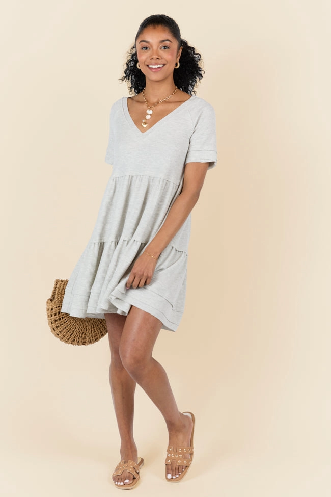 Chic and Flattering Planning Ahead Heather Grey Short Sleeve Waffle V-neck Dress FINAL SALE