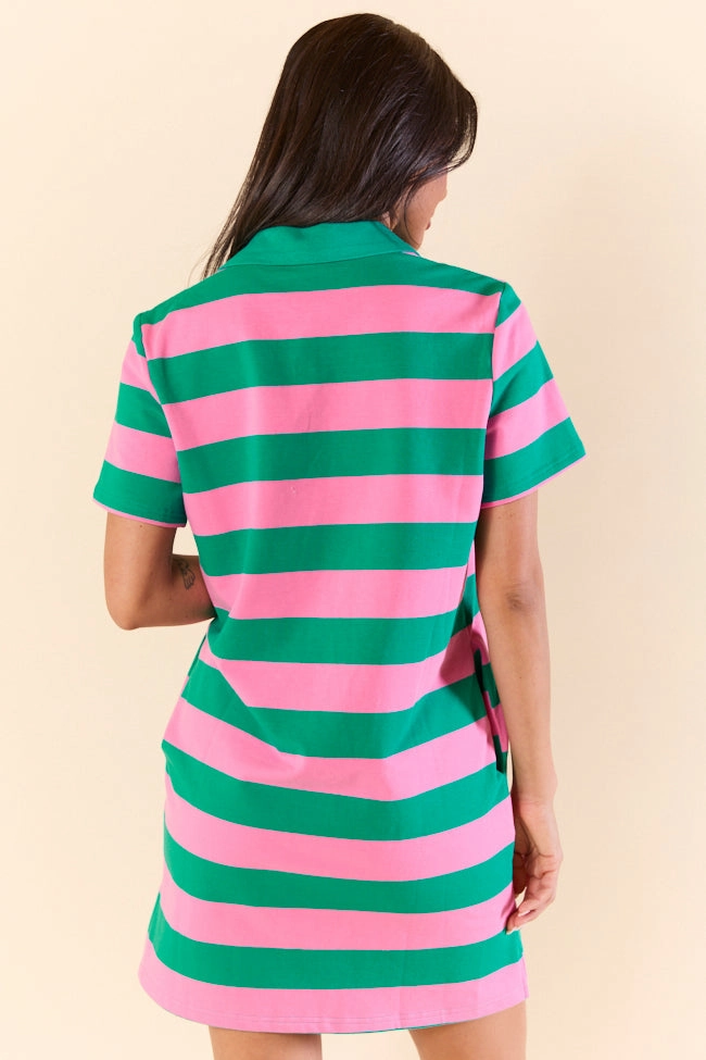 Coffee Break Play Your Games Pink and Green Rugby Stripe Knit Dress