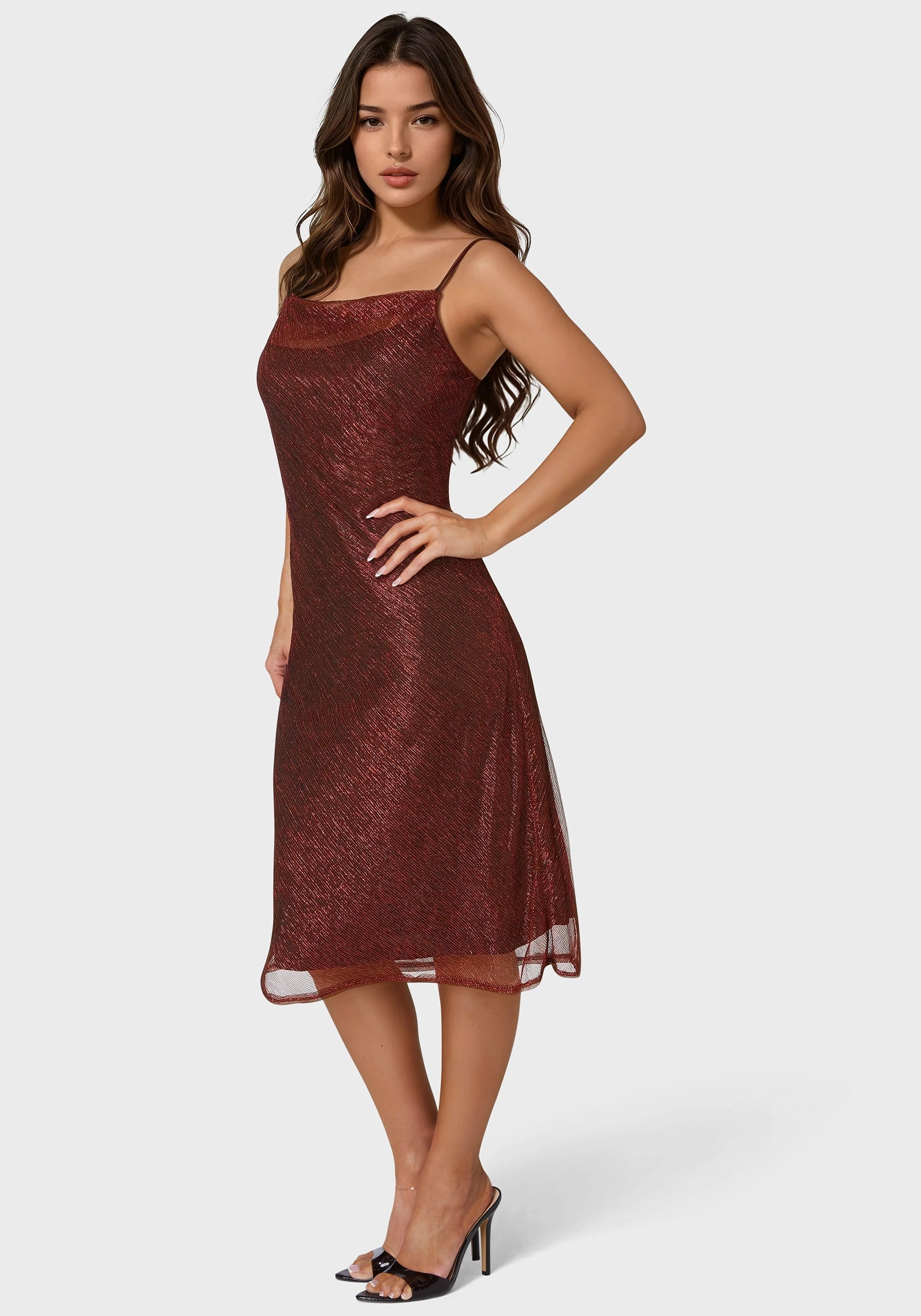 Sheer Overlay Pleated Cowl Neck Midi Dress