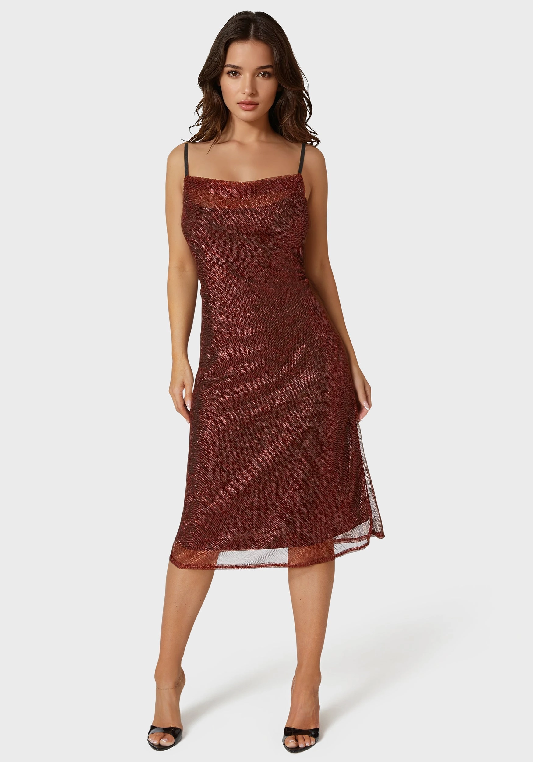Ribbed-Texture Pleated Cowl Neck Midi Dress