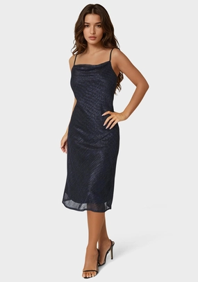 Sleek Motion Pleated Cowl Neck Midi Dress