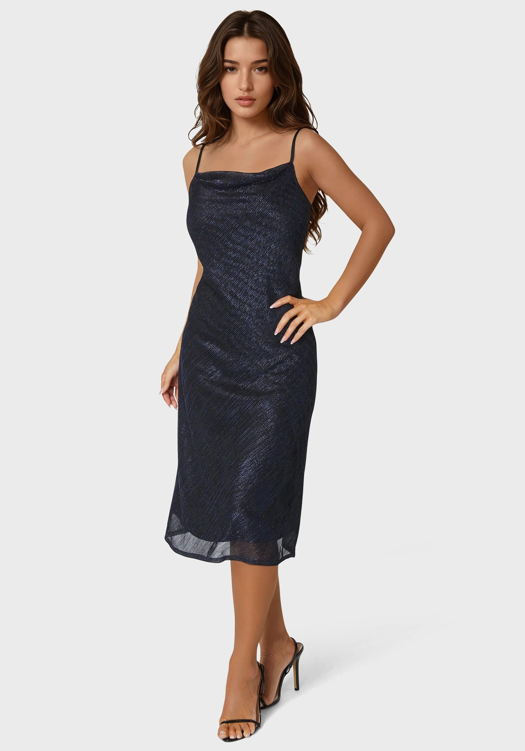 Sleek Motion Pleated Cowl Neck Midi Dress