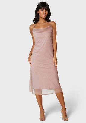 Pleated Cowl Neck Midi Dress Lightweight-Structure