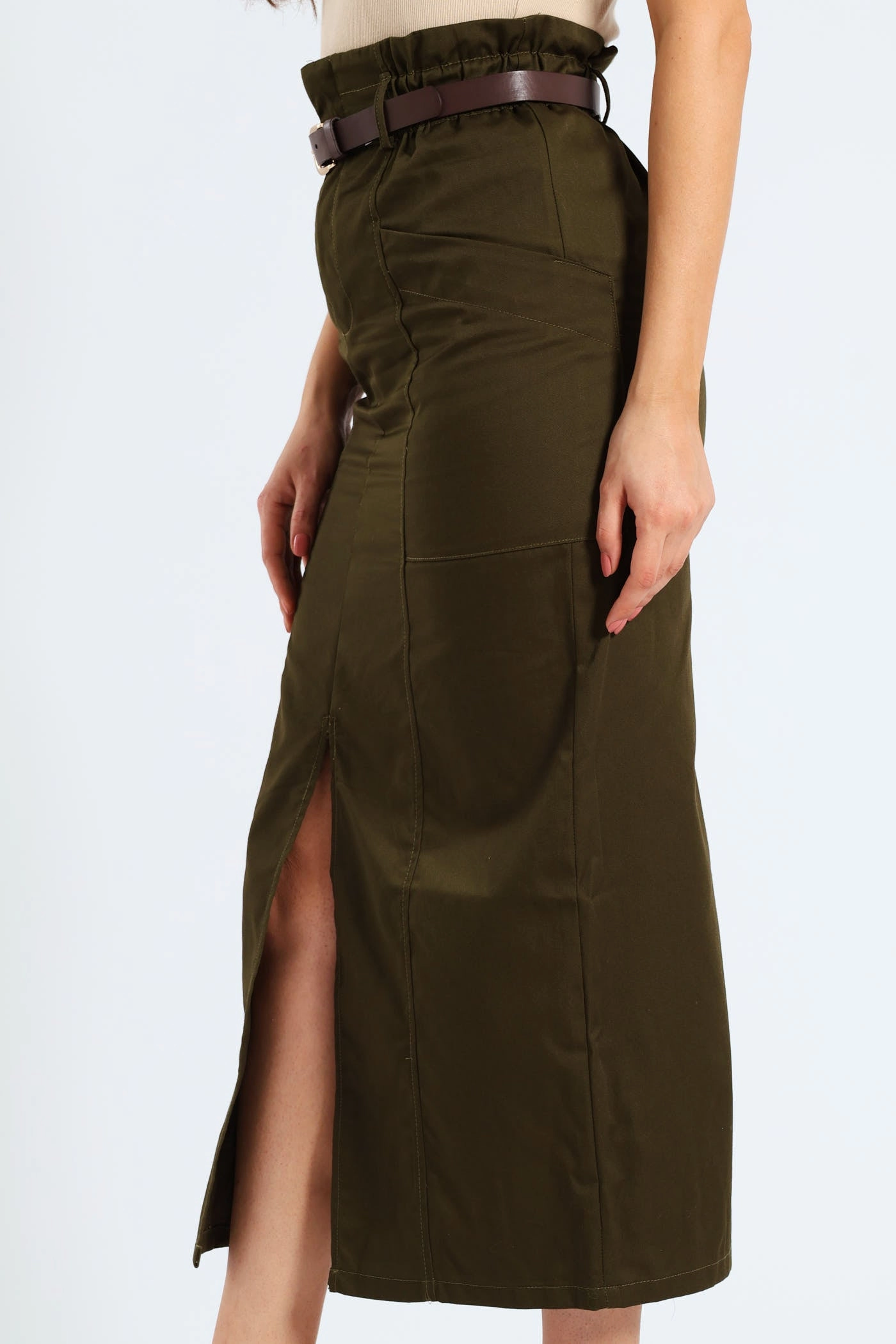 Belted Paperbag Front Slit Structured Midaxi Pencil Skirt - Fatigue Laidback Style Chic Look
