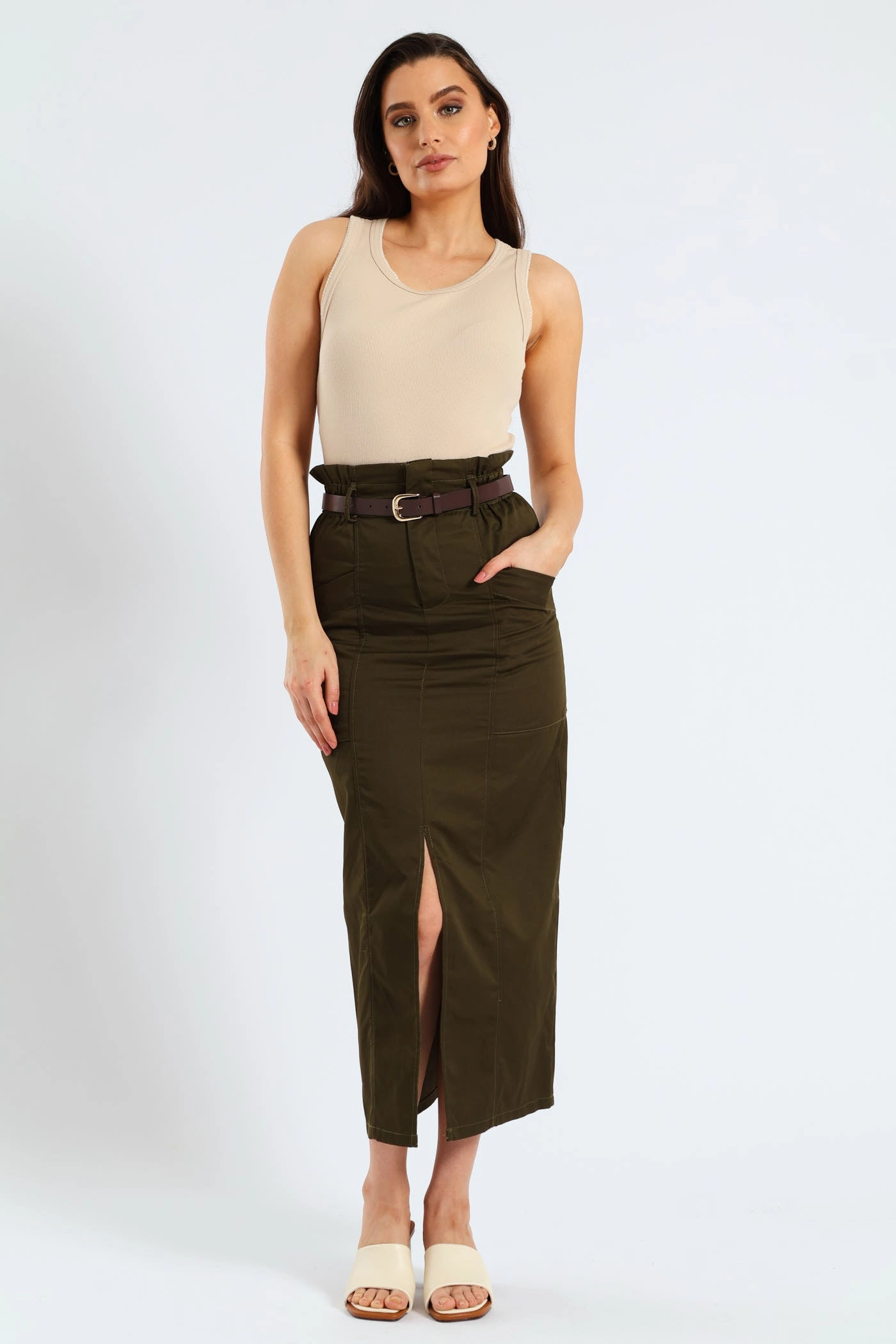 Simple Layers Belted Paperbag Front Slit Structured Midaxi Pencil Skirt - Fatigue