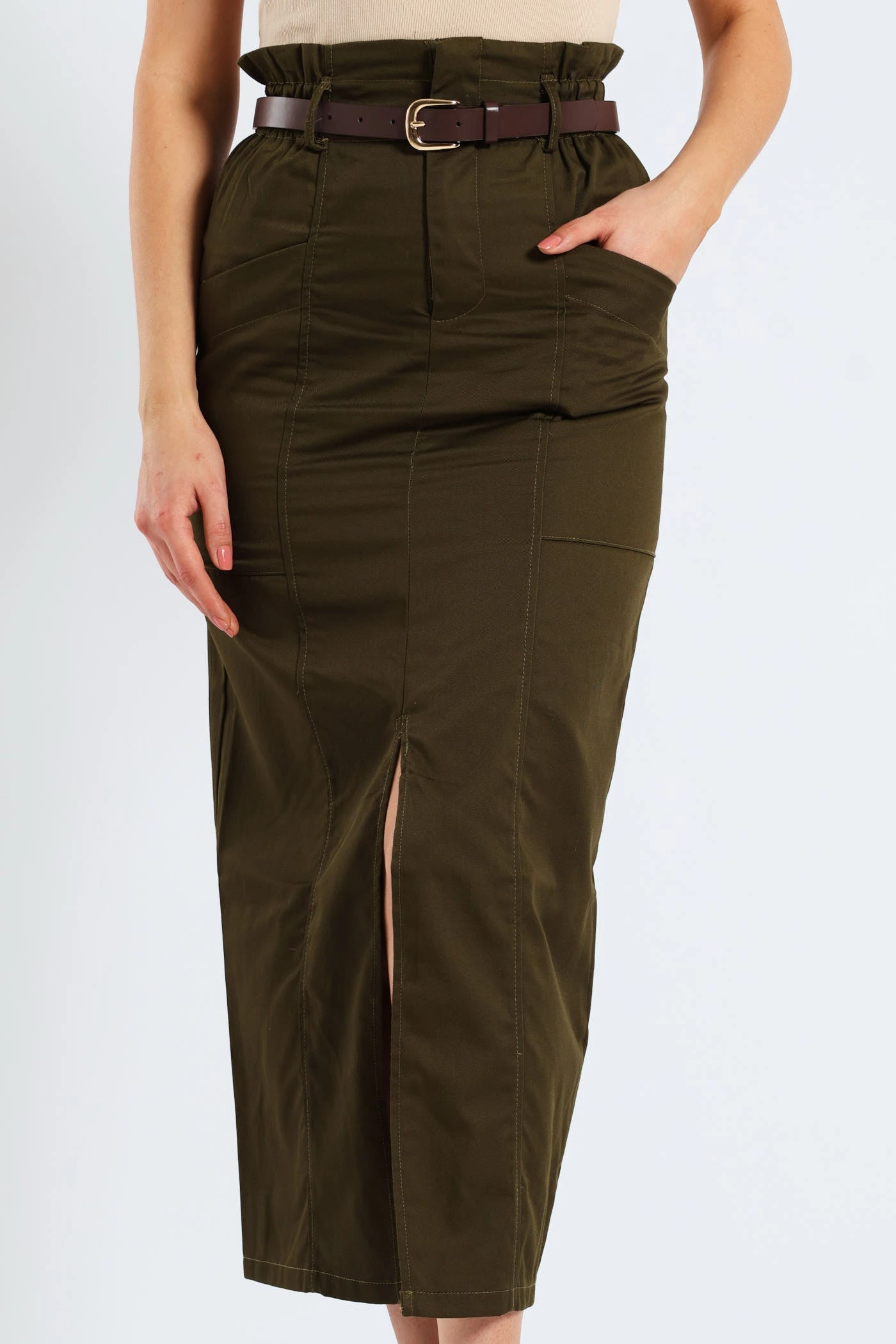 Neutral Look Tear Resistant Belted Paperbag Front Slit Structured Midaxi Pencil Skirt - Fatigue