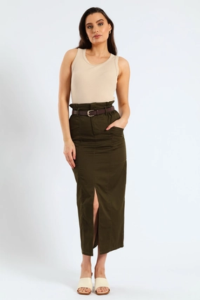 Simple Layers Belted Paperbag Front Slit Structured Midaxi Pencil Skirt - Fatigue