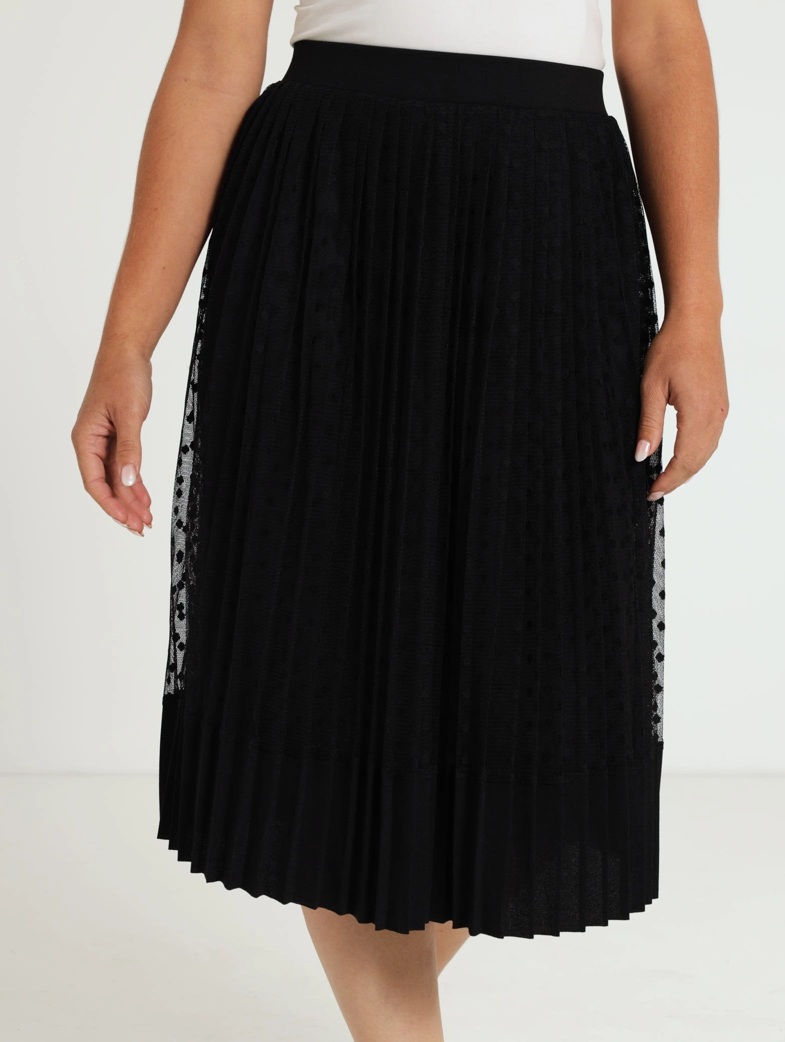 Weighted Hem Pleated Dobby Mesh Maxi Skirt - Black