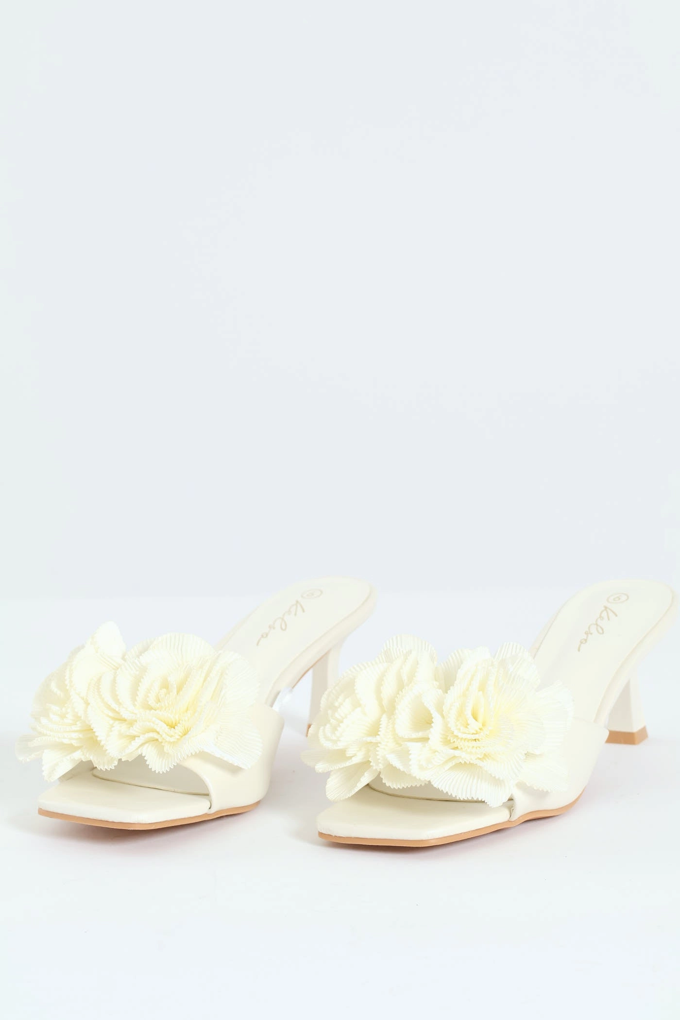 Metallic Heels Glamorous Heeled Boots Plisse Flower Kitten Mule Heel - White