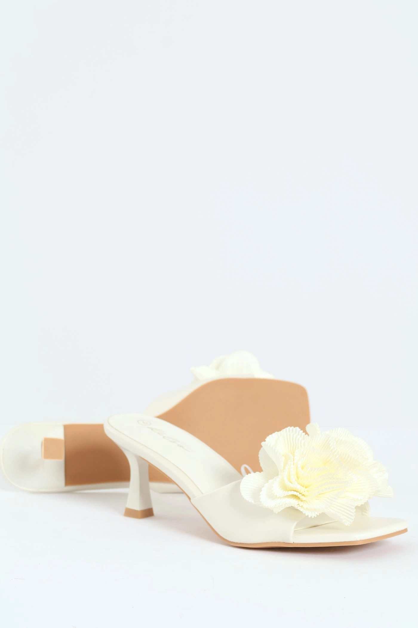 Plisse Flower Kitten Mule Heel - White Wedding Heels