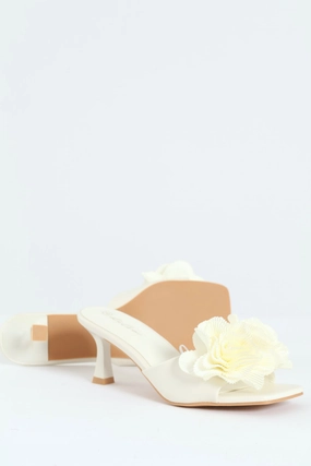 Plisse Flower Kitten Mule Heel - White Wedding Heels