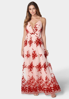 Care-Instructions-Included Classic Tailoring Plunge Neck Embroidered Maxi Dress