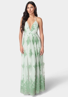 Plunge Neck Embroidered Maxi Dress Must-have Eco-Lining