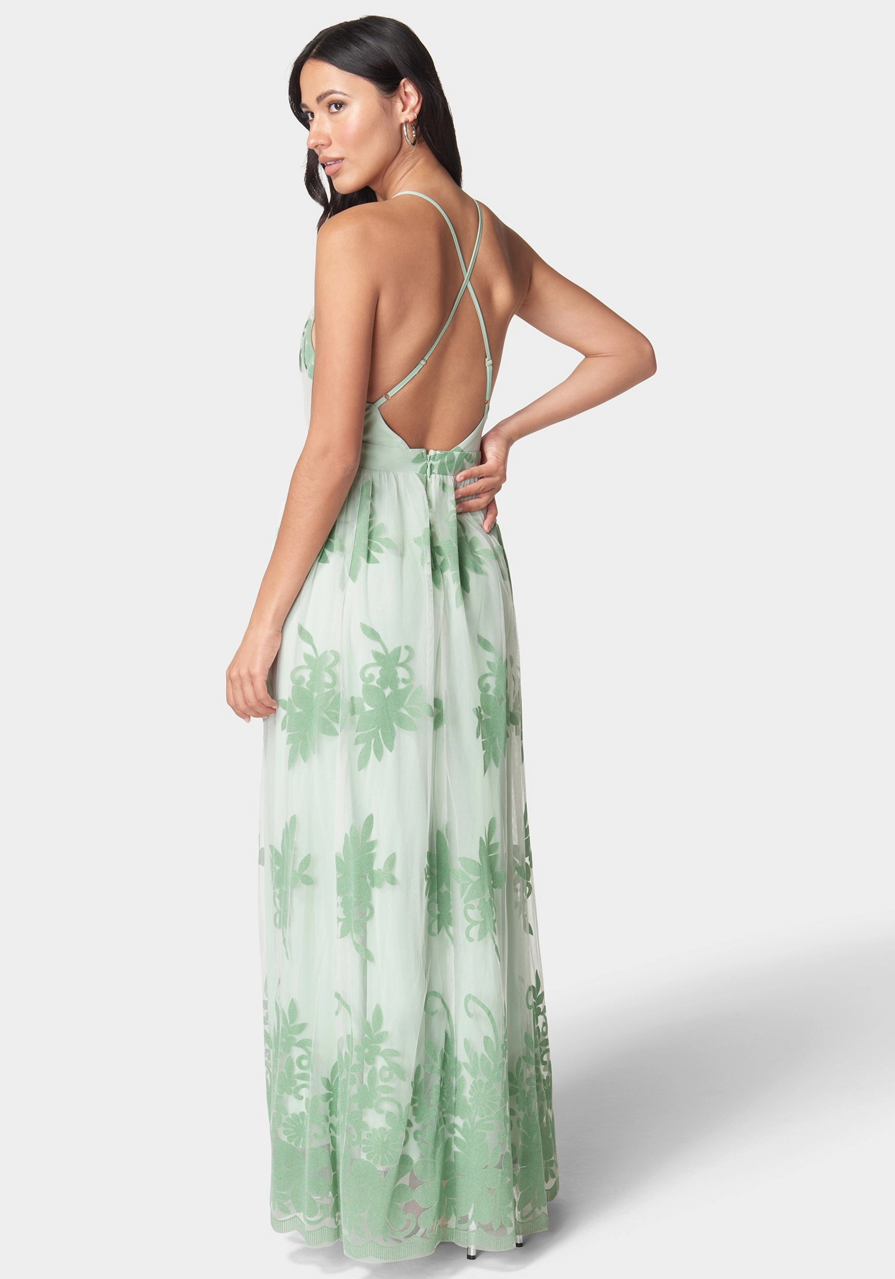 Plunge Neck Embroidered Maxi Dress Tiered Skirt