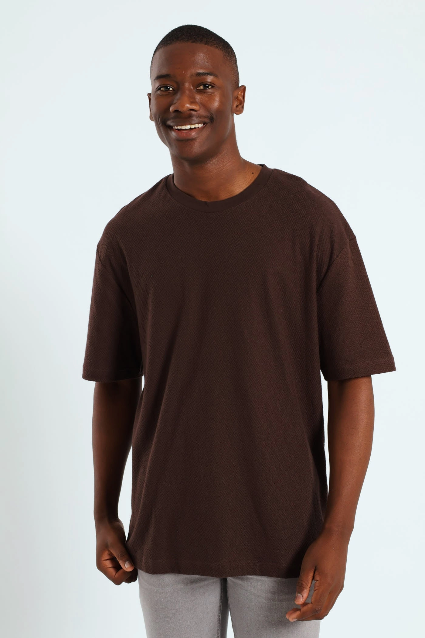 Chilly Weather Style Pointelle Textured Tee - Dark Brown