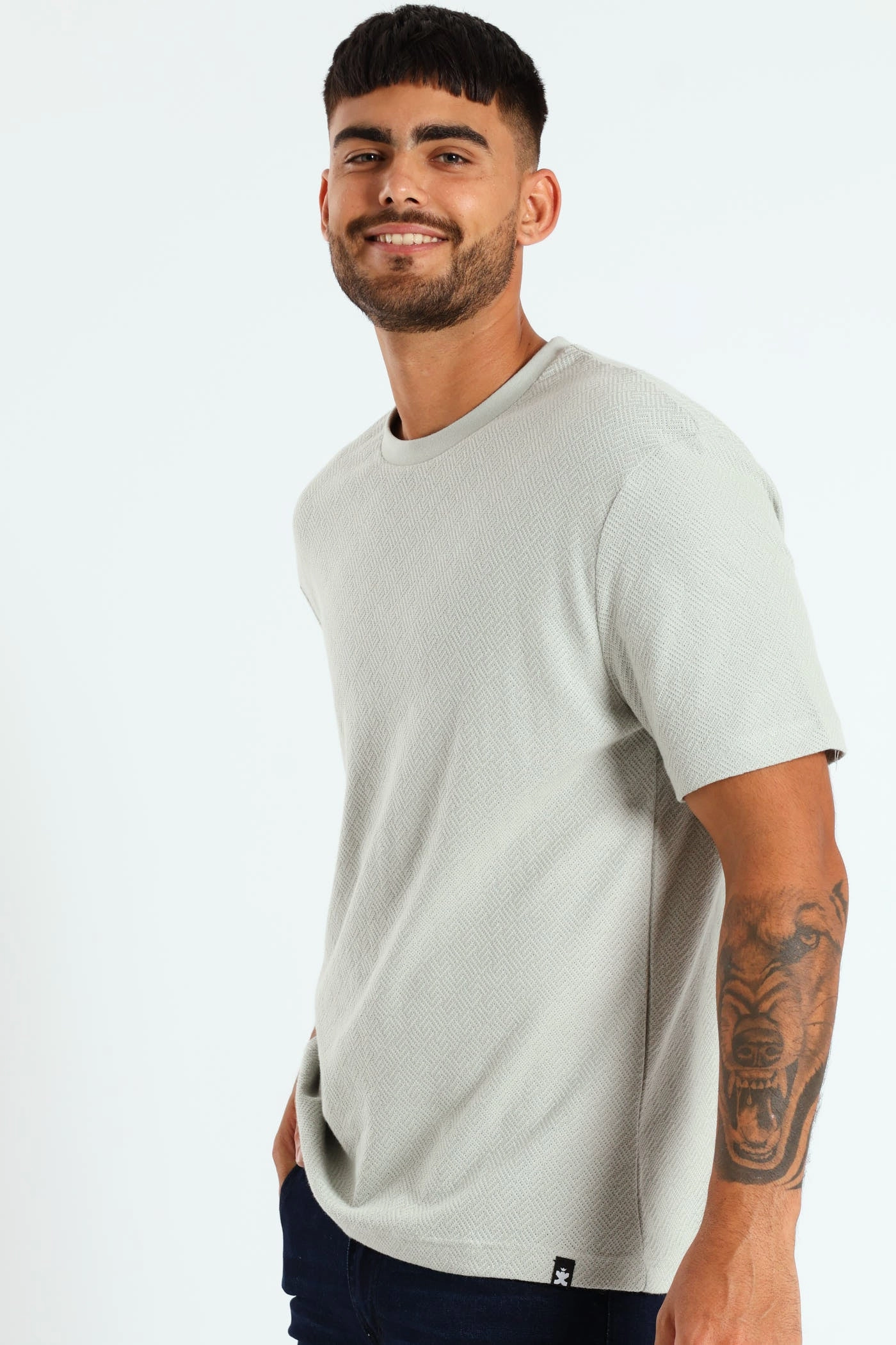 Compact Stitch Pattern Pointelle Textured Tee - Grey