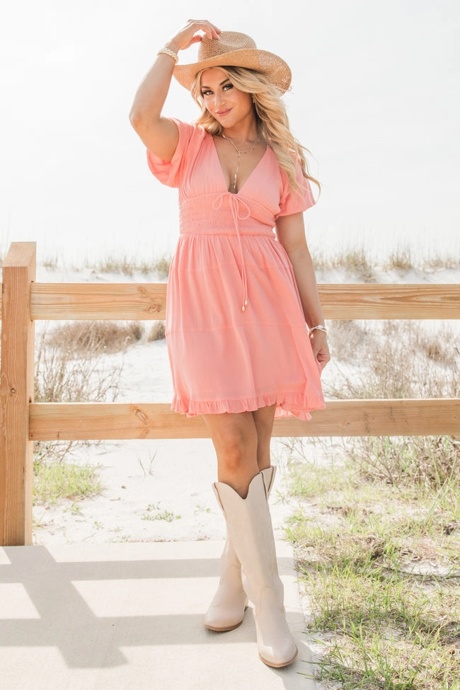 Fit Clean Calm Silhouette Urban Cowgirl Coral V-Neck Smocked Dress FINAL SALE