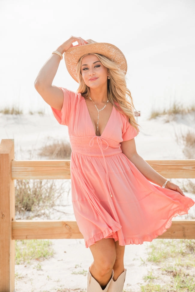 Urban Cowgirl Coral V-Neck Smocked Dress FINAL SALE Fashionable Layers Relaxed day dress