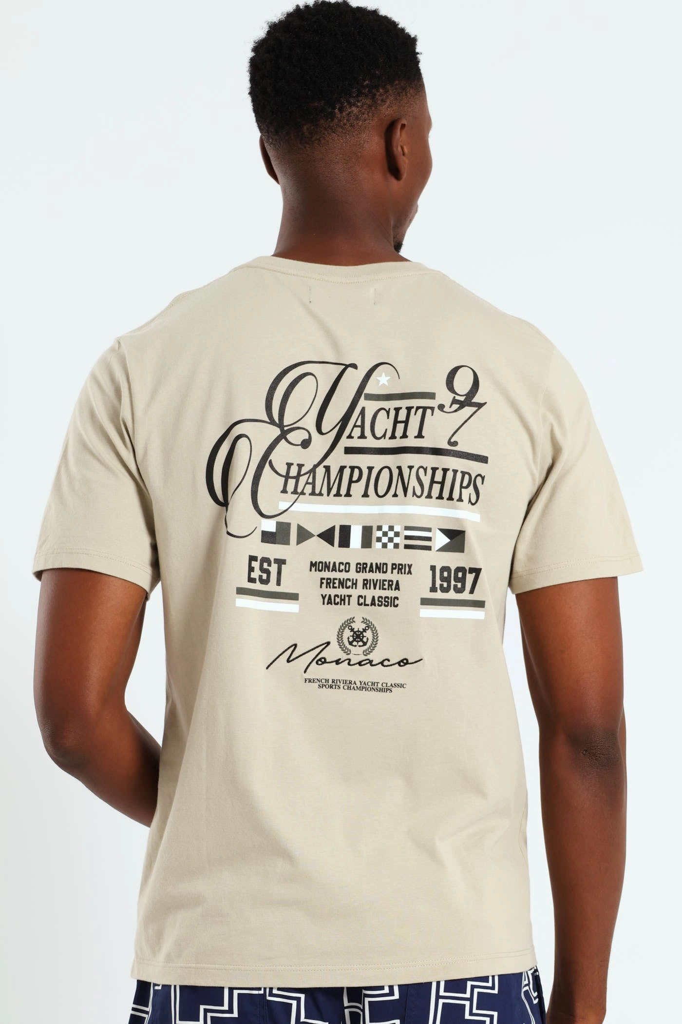 Seasonal Must-Have FadeResistant Yacht Championships Front & Back Embroidered Tee - Stone