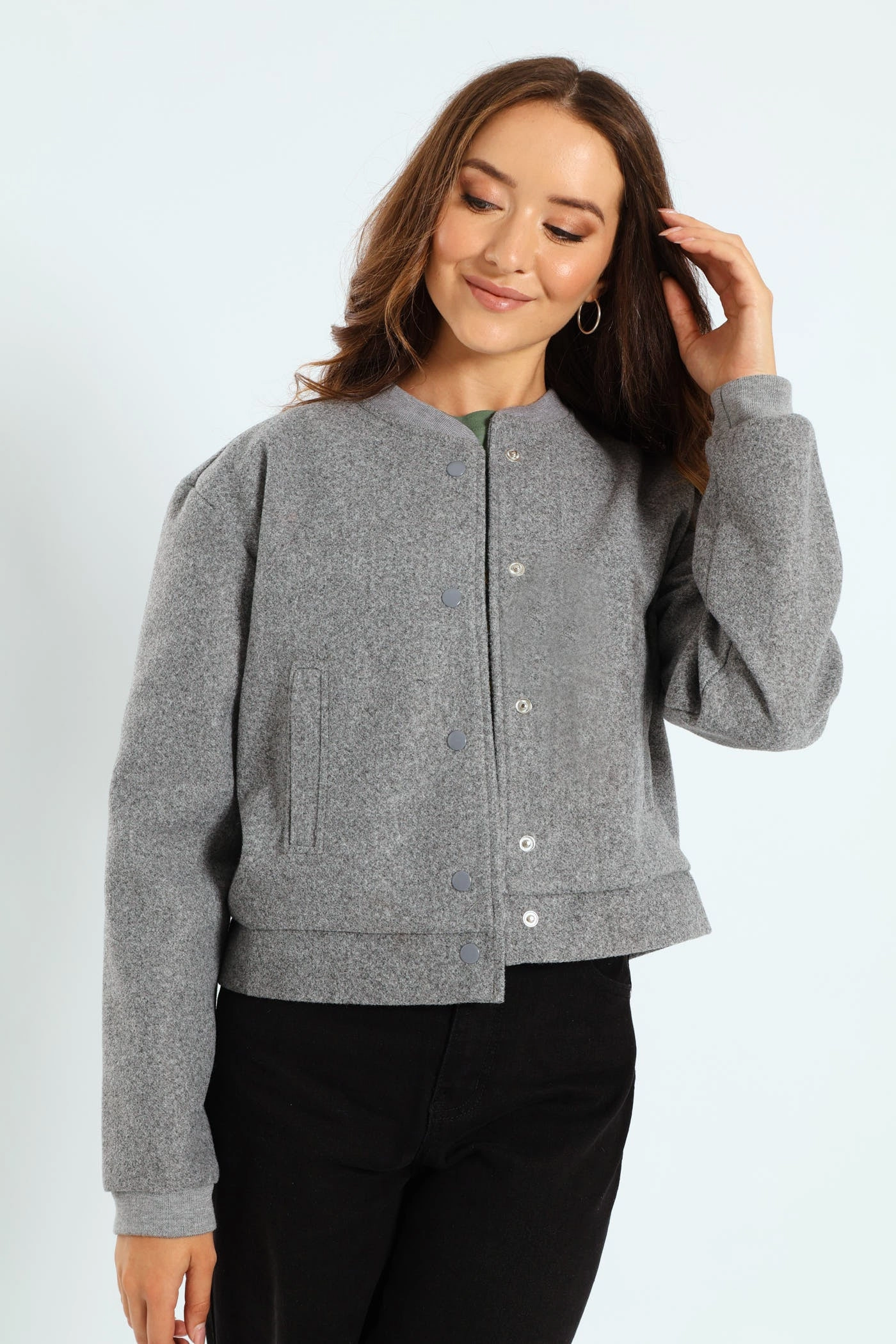 Preppy Melton Bomber Jacket - Charcoal Melange Waterproof Zipper Closure Functional Look